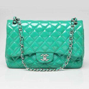 Chanel Green Quilted Patent Leather Classic Jumbo Double Flap Bag